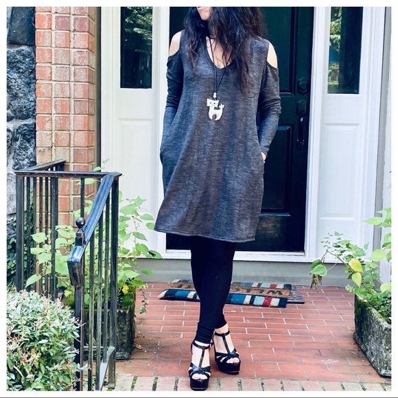 CHARCOAL TWEED V NECK COLD SHOULDER TUNIC DRESS - Picture 7 of 9
